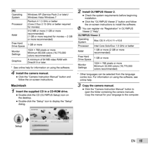 Page 1515EN
[ib]
Operating 
SystemWindows XP (Service Pack 2 or later) /
Windows  Vista / Windows  7
Processor Pentium 4 1.3 GHz or better
(Core 2 Duo 2.13 GHz or better required 
for movies)
RAM 512 MB or more (1 GB or more 
recommended)
(1 GB or more required for movies — 2 GB 
or more recommended)
Free Hard 
Drive Space 1 GB or more
Monitor 
Settings 1024 × 768 pixels or more
Minimum 65,536 colors (16,770,000 
colors recommended)
Graphics A minimum of 64 MB video RAM with 
DirectX 9 or later.
*  See online...