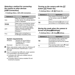 Page 4646EN
Selecting a method for connecting Selecting a method for connecting the camera to other devices the camera to other devices [USB Connection][USB Connection]d (Settings Menu 1)  USB Connection
Submenu 2 Application
Auto When the camera is connected to 
another device, the settings selection 
screen is displayed.
Storage
Select when connecting the camera 
to a computer via a storage device.
MTP Select when transferring images 
without using the supplied [ib] (PC 
software) on Windows Vista/
Windows...