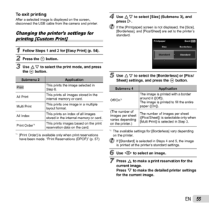 Page 5555EN
To exit printingTo exit printingAfter a selected image is displayed on the screen, 
disconnect the USB cable from the camera and printer.
Changing the printer’s settings for printing [Custom Print]
1  Follow Steps 1 and 2 for [Easy Print] (p. 54).
2 Press the  A button.
3 Use FG to select the print mode, and press 
the A button.
Submenu 2 Application
PrintThis prints the image selected in 
Step 6.
All Print This prints all images stored in the 
internal memory or card.
Multi Print This prints one...