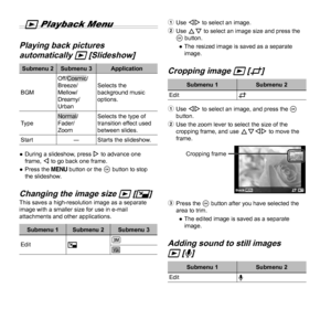 Page 3636EN
 
q Playback Menu
 Playing back pictures  Playing back pictures 
automatically automatically qq [Slideshow] [Slideshow]
Submenu 2 Submenu 3 Application
BGM
Off/Cosmic/
Breeze/
Mellow/
Dreamy/
Urban Selects the 
background music 
options.
Type
Normal/
Fader/
Zoom Selects the type of 
transition effect used 
between slides.
Start ―Starts the slideshow.
 
● During a slideshow, press  I to advance one 
frame, H to go back one frame.
 
● Press the  button or the A button to stop 
the slideshow.
Changing...