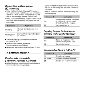 Page 4040EN
Connecting to Smartphone Connecting to Smartphone 
qq [FlashAir] [FlashAir] 
● Using the FlashAir (with Wireless LAN function) 
card (commercially available), you can connect the 
camera to a Wi-Fi enabled smartphone or PC and 
view or import images from the FlashAir card.
 
● When using a FlashAir card, read the FlashAir card 
instruction manual carefully, and comply with the 
instructions.
Submenu 2 Application
Start/Stop Connect to or disconnect from 
Wi-Fi.
Starting option [Manual Start] or...