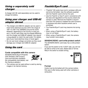 Page 7676EN
Using a separately sold charger
A charger (UC-50: sold separately) can be used to 
charge the battery.
 Using your charger and USB-AC  adapter abroad
 
• The charger and USB-AC adapter can be used in 
most home electrical sources within the range of 
100 V to 240 V AC (50/60Hz) around the world. 
However, depending on the country or area you 
are in, the AC wall outlet may be shaped differently 
and the charger and USB-AC adapter may require 
a plug adapter to match the wall outlet. For details,...