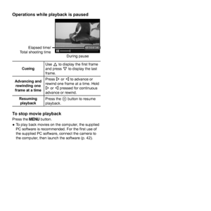 Page 2020EN
Operations while playback is pausedOperations while playback is paused
During pause
0:12/0:340:12/0:34Elapsed time/
Total shooting time
CueingUse F to display the ﬁ rst frame 
and press G to display the last 
frame.
Advancing and 
rewinding one 
frame at a timePress I or H to advance or 
rewind one frame at a time. Hold 
I or H pressed for continuous 
advance or rewind.
Resuming 
playbackPress the A button to resume 
playback.
To stop movie playbackTo stop movie playbackPress the  button.
  ●To...