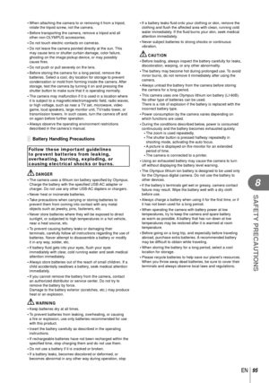 Page 9595EN
SAFETY PRECAUTIONS
8
 
• When attaching the camera to or removing it from a tripod, 
rotate the tripod screw, not the camera.
 
• Before transporting the camera, remove a tripod and all 
other non-OLYMPUS accessories.
 
• Do not touch electric contacts on cameras.
 
• Do not leave the camera pointed directly at the sun. This 
may cause lens or shutter curtain damage, color failure, 
ghosting on the image pickup device, or may possibly 
cause ﬁ  res.
 
• Do not push or pull severely on the lens.
 
•...