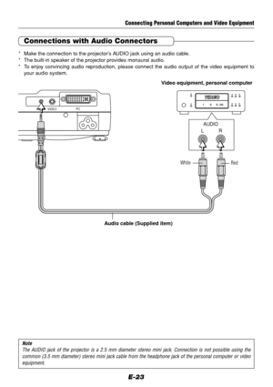 Page 23E-23
Connecting Personal Computers and Video Equipment
Connections with Audio Connectors
* Make the connection to the projector’s AUDIO jack using an audio cable.
* The built-in speaker of the projector provides monaural audio.
* To enjoy convincing audio reproduction, please connect the audio output of the video equipment to
your audio system.
PC
VIDEO AUDIO
R LAUDIO
Audio cable (Supplied item)Video equipment, personal computer
Note
The AUDIO jack of the projector is a 2.5 mm diameter stereo mini jack....