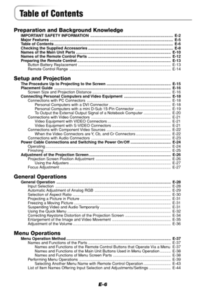 Page 6E-6
Table of Contents
Preparation and Background Knowledge
IMPORTANT SAFETY INFORMATION ............................................................................ E-2
Major Features .................................................................................................................E-5
Table of Contents ............................................................................................................. E-6
Checking the Supplied Accessories...