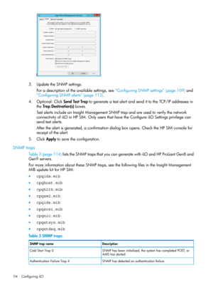 Page 1143.UpdatetheSNMPsettings.
Foradescriptionoftheavailablesettings,see“ConfiguringSNMPsettings”(page109)and
“ConfiguringSNMPalerts”(page112).
4.Optional:ClickSendTestTraptogenerateatestalertandsendittotheTCP/IPaddressesin
theTrapDestination(s)boxes.
TestalertsincludeanInsightManagementSNMPtrapandareusedtoverifythenetwork
connectivityofiLOinHPSIM.OnlyusersthathavetheConfigureiLOSettingsprivilegecan
sendtestalerts.
Afterthealertisgenerated,aconfirmationdialogboxopens.ChecktheHPSIMconsolefor
receiptofthealert....