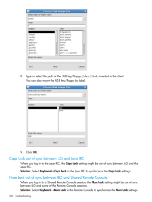 Page 3248.TypeorselectthepathoftheUSBkey/floppy(/dev/disk)insertedintheclient.
YoucanalsomounttheUSBkey/floppybylabel.
9.ClickOK.
CapsLockoutofsyncbetweeniLOandJavaIRC
WhenyoulogintotheJavaIRC,theCapsLocksettingmightbeoutofsyncbetweeniLOandthe
JavaIRC.
Solution:SelectKeyboard→CapsLockintheJavaIRCtosynchronizetheCapsLocksettings.
NumLockoutofsyncbetweeniLOandSharedRemoteConsole
WhenyoulogintoaSharedRemoteConsolesession,theNumLocksettingmightbeoutofsync
betweeniLOandsomeoftheRemoteConsolesessions....