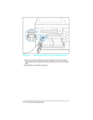 Page 1084Insert a small screwdriver into the indent at the front of the
separation pad and gently lift the pad from its seat (see Figure
4-6).
5Discard the used roller and pad.
Figure 4-6 Removing the MP Tray (Tray 1) Separation Pad
4-12 Preventive Maintenance  