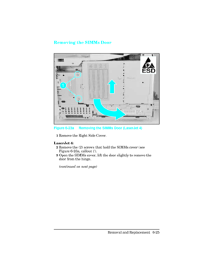 Page 179Removing the SIMMs Door 
1Remove the Right Side Cover.
LaserJet 4:
2Remove the (2) screws that hold the SIMMs cover (see
Figure 6-23a, callout 1).
3Open the SIMMs cover, lift the door slightly to remove the
door from the hinge.
(continued on next page)
Figure 6-23a Removing the SIMMs Door (LaserJet 4)
Removal and Replacement  6-25 