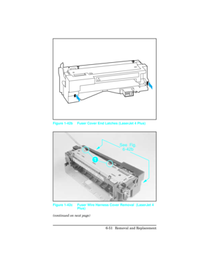 Page 205(continued on next page)
Figure 1-42b Fuser Cover End Latches (LaserJet 4 Plus)
Figure 1-42c Fuser Wire Harness Cover Removal  (LaserJet 4
Plus)
6-51 Removal and Replacement 