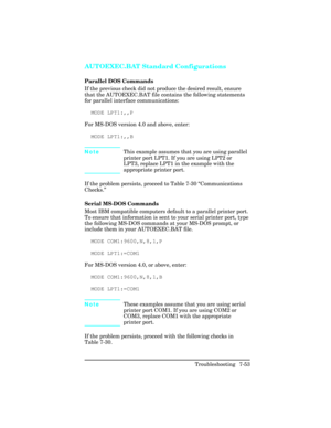 Page 283AUTOEXEC.BAT Standard Configurations 
Parallel DOS Commands   
If the previous check did not produce the desired result, ensure
that the AUTOEXEC.BAT file contains the following statements
for parallel interface communications:
MODE LPT1:,,P
For MS-DOS version 4.0 and above, enter:
MODE LPT1:,,B
NoteThis example assumes that you are using parallel
printer port LPT1. If you are using LPT2 or
LPT3, replace LPT1 in the example with the
appropriate printer port.
If the problem persists, proceed to Table 7-30...