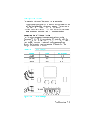 Page 299Voltage Test Points  
The operating voltages of the printer can be verified by:
1Listening for the exhaust fan. A rotating fan indicates that the
+5 VDC and +24A VDC voltages are present. (The fan runs on
+24A VDC.  The +5 VDC enables the +24A VDC.)
2Listen for the Main Motor.  If the Main Motor runs, the +24B
VDC is enabled, therefore +24A VDC must be present.  
Measuring the DC Voltage Levels 
The DC voltage levels can be measured directly on the DC
Controller TB 201. TB 201 connects the DC Controller...