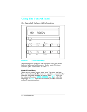 Page 38Using The Control Panel
(See Appendix B for LaserJet 5 information.)
The control panel (see Figure 3-1) consists of eight keys, three
indicator lights, and a 16-character display panel. The three
indicator lights are described in Table 3-1.
Control Panel Keys  
There are two rows of control panel keys. The upper row keys
have one function each. The lower row keys have a second level of
functions which are accessed by holding down [Shift]. Note that
the alternate functions [Reset], [Continue], and [-] are...