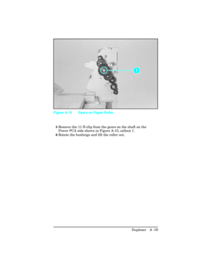 Page 3755Remove the (1) E-clip from the gears on the shaft on the
Power PCA side shown in Figure A-15, callout 1. 
6Rotate the bushings and lift the roller out.
Figure A-15 Gears on Paper Roller
Duplexer   A -19 