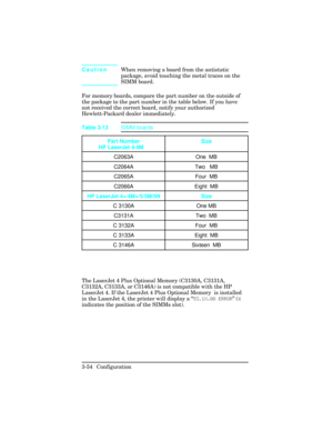 Page 90CautionWhen removing a board from the antistatic
package, avoid touching the metal traces on the
SIMM board.
For memory boards, compare the part number on the outside of
the package to the part number in the table below. If you have
not received the correct board, notify your authorized
Hewlett-Packard dealer immediately.  
The LaserJet 4 Plus Optional Memory (C3130A, C3131A,
C3132A, C3133A, or C3146A) is not compatible with the HP
LaserJet 4. If the LaserJet 4 Plus Optional Memory  is installed
in the...