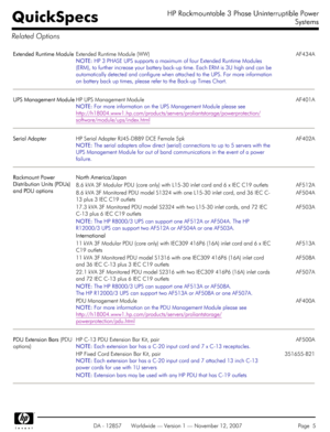 Page 5


Extended Runtime Module
Extended Runtime ModuleExtended Runtime Module Extended Runtime Module






Extended Runtime Module (WW)



NOTE: 
NOTE: NOTE:  NOTE: 



HP 3 PHASE UPS supports a maximum of four Extended Runtime Modules



(ERM), to further increase your battery back-up time. Each ERM is 3U high and can be



automatically detected and configure when attached to the UPS. For more information



on battery back up times, please refer to the Back-up Times Chart.






AF434A



UPS Management...