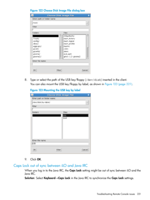 Page 221Figure122ChooseDiskImageFiledialogbox
8.TypeorselectthepathoftheUSBkey/floppy(/dev/disk)insertedintheclient.
YoucanalsomounttheUSBkey/floppybylabel,asshowninFigure123(page221).
Figure123MountingtheUSBkeybylabel
9.ClickOK.
CapsLockoutofsyncbetweeniLOandJavaIRC
WhenyoulogintotheJavaIRC,theCapsLocksettingmightbeoutofsyncbetweeniLOandthe
JavaIRC.
Solution:SelectKeyboard→CapsLockintheJavaIRCtosynchronizetheCapsLocksettings.
TroubleshootingRemoteConsoleissues221 