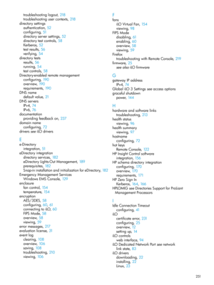 Page 251troubleshootinglogout,218
troubleshootingusercontexts,218
directorysettings
authentication,52
configuring,51
directoryserversettings,52
directorytestcontrols,58
Kerberos,52
testresults,56
verifying,54
directorytests
results,56
running,54
testcontrols,58
Directory-enabledremotemanagement
configuring,190
overview,190
requirements,190
DNSname
defaultvalue,21
DNSservers
IPv4,74
IPv6,76
documentation
providingfeedbackon,237
domainname
configuring,72
driversseeiLOdrivers
E
e-Directory
integration,51...