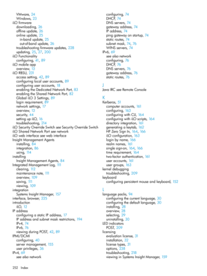 Page 252VMware,24
Windows,23
iLOfirmware
downloading,26
offlineupdate,26
onlineupdate,25
in-bandupdate,25
out-of-bandupdate,26
troubleshootingfirmwareupdates,228
updating,25, 27, 200
iLOFunctionality
configuring,41, 89
iLOmobileapp
overview,13
iLORBSU,231
accesssetting,42, 89
configuringlocaluseraccounts,89
configuringuseraccounts,18
enablingtheDedicatedNetworkPort,83
enablingtheSharedNetworkPort,82
GlobaliLO3Settings,89
loginrequirement,89
networksettings,17
overview,13
security,44
settingupiLO,16...