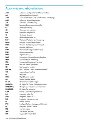 Page 208Acronymsandabbreviations
ACPIAdvancedConfigurationandPowerInterface
ARPAddressResolutionProtocol
ASCIIAmericanStandardCodeforInformationInterchange
ASMAdvancedServerManagement
ASRAutomaticServerRecovery
BMCbaseboardmanagementcontroller
CAcertificateauthority
CLICommandLineInterface
CLPcommandlineprotocol
CRCertificateRequest
CRLcertificaterevocationlist
DAVDistributedAuthoringandVersioning
DDNSDynamicDomainNameSystem
DHCPDynamicHostConfigurationProtocol
DLLdynamiclinklibrary...