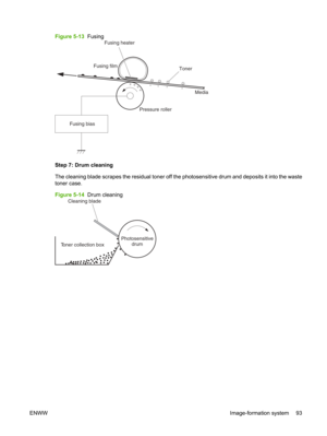 Page 105Figure 5-13  Fusing
Fusing bias
Fusing film
Toner
Pressure roller
Fusing heater
Media
Step 7: Drum cleaning
The cleaning blade scrapes the residual toner off the photosensitive drum and deposits it into the waste
toner case.
Figure 5-14  Drum cleaning
Toner collection box Photosensitive
drum
Cleaning blade
ENWW
Image-formation system 93 