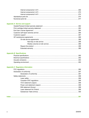 Page 12Internal components 3 of 5 .............................................................................................. 268
Internal components 4 of 5 .............................................................................................. 270
Internal components 5 of 5 .............................................................................................. 272
Alphabetical parts list ..........................................................................................................