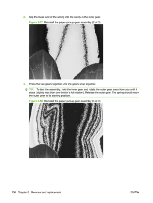Page 1482.Slip the loose end of the spring into the cavity in the inner gear.
Figure 6-57   Reinstall the paper-pickup-gear assembly (2 of 3)
3.Press the two gears together until the gears snap together.
TIP: To test the assembly, hold the inner gear a nd rotate the outer gear away from you until it
stops (slightly less than one-third of a full rotati on). Release the outer gear. The spring should return
the outer gear to its starting position.
Figure 6-58   Reinstall the paper-pickup-gear assembly (3 of 3)
136...