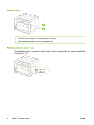 Page 20Interface ports
1
2
1Hi-Speed USB 2.0 connection, for connecting directly to a computer
2Gigabit networking connection (10/100/1000 networking port)
Model and serial number label
The label that contains the model and serial numbers is on the outside of the rear output door (straight-
through paper path).
8 Chapter 1   Product basicsENWW 