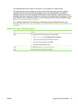 Page 27The embedded Web server resides on the device. It is not loaded on a network server.
The embedded Web server provides an interface  to the device that anyone who has a network-
connected computer and a standard Web browser  can use. No special software is installed or
configured, but you must have a supported Web br owser on your computer. To gain access to the
embedded Web server, type the IP address for the device in the address line of the browser. (To find
the IP address, print a configuration page....