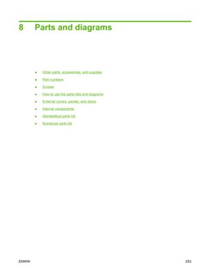 Page 2658 Parts and diagrams
●Order parts, accessories, and supplies
●
Part numbers
●
Screws
●
How to use the parts lists and diagrams
●
External covers, panels, and doors
●
Internal components
●
Alphabetical parts list
●
Numerical parts list
ENWW 253 