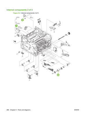 Page 278Internal components 2 of 5
Figure 8-4  Internal components 2 of 5
(M1)(J1202)(PS916)
(J205)
(J101)
(J202)
(J1202)
6
1
2
266 Chapter 8   Parts and diagrams
ENWW 