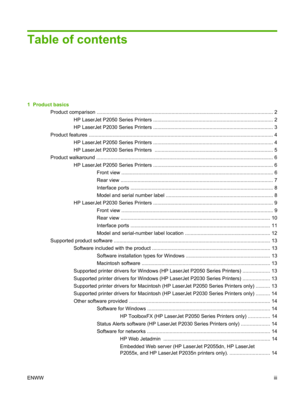 Page 5Table of contents
1  Product basicsProduct comparison ............................................................................................................ ................. 2
HP LaserJet P2050 Series Printers ..................................................................................... 2
HP LaserJet P2030 Series Printers ..................................................................................... 3
Product features...
