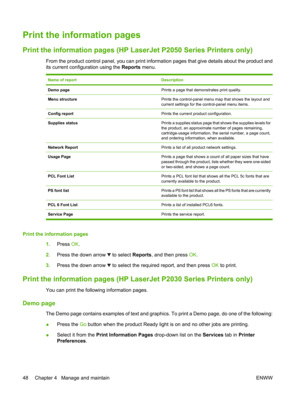 Page 60Print the information pages 
Print the information pages (HP LaserJet P2050 Series Printers only)
From the product control panel, you can print information pages that give details about the product and
its current configuration using the  Reports menu.
Name of reportDescription
Demo pagePrints a page that demonstrates print quality.
Menu structurePrints the control-panel menu map that shows the layout and
current settings for the control-panel menu items.
Config reportPrints the current product...