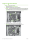 Page 144Formatter PCA; HP LaserJet P2050 Series
WARNING! ESD sensitive component.
1.Remove the left cover. See Left cover on page 118.
2. Disconnect two connectors (callout 1) and two FFCs (callout 2).
CAUTION: Do not bend or fold the flat flexible cables (FFCs) during removal or installation. Also,
do not straighten pre-folds in the FFCs. You  must make sure that all FFCs are fully seated in their
connectors. Failure to fully seat an FFC into a connector can cause a short circuit in a PCA.
Figure 6-51   Remove...