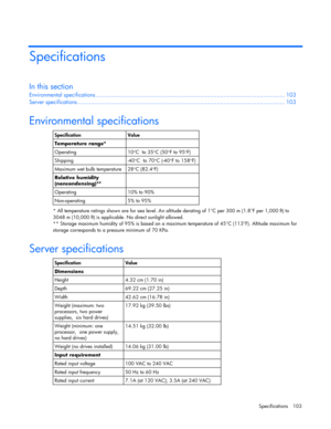 Page 103
 
Specifications 103 
Specifications 
In this section 
Environmental  specifications ........................................................................\
........................... ............... 103 
Server spec ifications ........................................................................\
.................................. ................... 103 
 
Environmental specifications 
   
Specification Value 
Temperature range*  
Operating 10 °C  to 35 °C (50 °F to 95 °F) 
Shipping -40 °C  to...