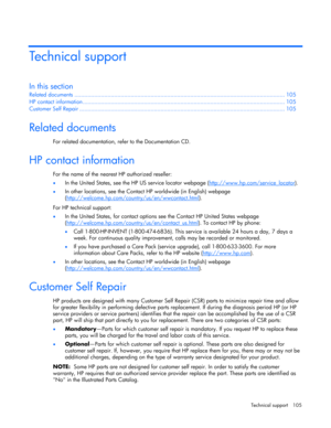 Page 105
 
Technical support  105 
Technical support 
In this section 
Related documents ........................................................................\
...................................... ................. 105 
HP contact in formation ........................................................................\
................................. ................. 105 
Customer Se lf Repair ........................................................................\
......................................