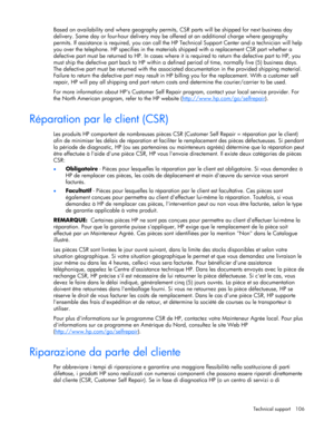 Page 106
 
Technical support  106 
Based on availability and where geography permits,  CSR parts will be shipped for next business day 
delivery. Same day or four-hour delivery may be  offered at an additional charge where geography 
permits. If assistance is required, you can call the HP  Technical Support Center and a technician will help 
you over the telephone. HP specifies in the materi als shipped with a replacement CSR part whether a 
defective part must be returned to HP. In cases where  it is required...