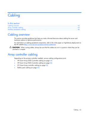 Page 63
 
Cabling 63 
Cabling 
In this section 
Cabling ov erview ........................................................................\
....................................... .................... 63 
Array controll er cabling ........................................................................\
............................... ................... 63 
Multibay backpla ne cabling ........................................................................\
............................. ............... 66...