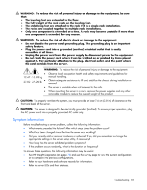 Page 81
 
Troubleshooting 81 
   WARNING:  To reduce the risk of personal injury or damage to the equipment, be sure 
that:  
•   The leveling feet are extended to the floor.  
•   The full weight of the rack rests on the leveling feet.  
•   The stabilizing feet are attached to the ra ck if it is a single-rack installation.  
•   The racks are coupled together in  multiple-rack installations.  
•   Only one component is extended at a time.  A rack may become unstable if more than 
one component is extended for...