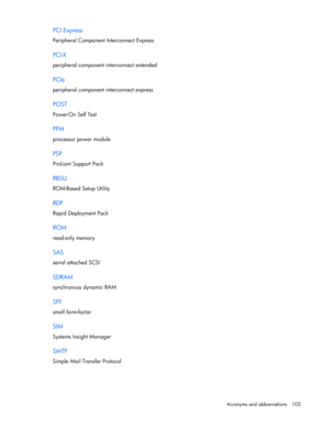 Page 105
 
Acronyms and abbreviations  105 
PCI Express 
Peripheral Component Interconnect Express  
PCI-X 
peripheral component interconnect extended  
PCIe 
peripheral component interconnect express  
POST 
Power-On Self Test  
PPM 
processor power module  
PSP 
ProLiant Support Pack  
RBSU 
ROM-Based Setup Utility  
RDP 
Rapid Deployment Pack  
ROM 
read-only memory  
SAS 
serial attached SCSI  
SDRAM 
synchronous dynamic RAM  
SFF 
small form-factor  
SIM 
Systems Insight Manager  
SMTP 
Simple Mail Transfer...
