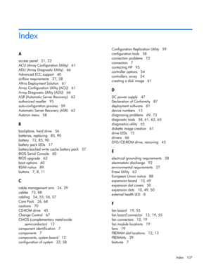 Page 107
 
Index 107 
A  
access panel   21, 22 
ACU (Array Configuration Utility)   61 
ADU (Array Diagnostic Utility)   66 
Advanced ECC support   40 
airflow requirements   27, 28 
Altiris Deployment Solution   61 
Array Configuration Utility (ACU)   61 
Array Diagnostic Utility (ADU)   66 
ASR (Automatic Server Recovery)   62 
authorized reseller   95 
auto-configuration process   59 
Automatic Server Recovery (ASR)   62 
Autorun menu   58 
B 
backplane, hard drive   56 
batteries, replacing   85, 90...