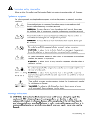 Page 70
 
Troubleshooting 70 
   Important safety information 
Before servicing this product, read the  Important Safety Information document provided with the server.  
Symbols on equipment 
The following symbols may be placed on equipment to  indicate the presence of potentially hazardous 
conditions. 
  
   This symbol indicates the presence of haza
rdous energy circuits or electric shock 
hazards. Refer all servicing to qualified personnel. 
WARNING:   To reduce the risk of injury from electric shock...