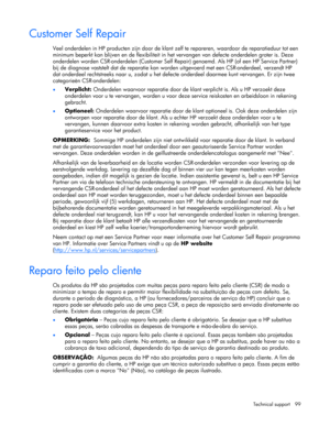 Page 99
 
Technical support  99 
Customer Self Repair 
Veel onderdelen in HP producten zijn door de klant  zelf te repareren, waardoor de reparatieduur tot een 
minimum beperkt kan blijven en de flexibiliteit in  het vervangen van defecte onderdelen groter is. Deze 
onderdelen worden CSR-onderdelen (Customer Self Re pair) genoemd. Als HP (of een HP Service Partner) 
bij de diagnose vaststelt dat de reparatie kan word en uitgevoerd met een CSR-onderdeel, verzendt HP 
dat onderdeel rechtstreeks naar u,  zodat u...