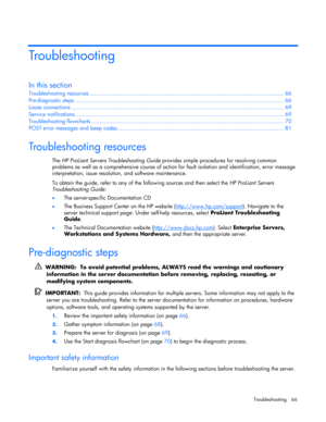 Page 66 
Troubleshooting 66 
Troubleshooting 
In this section 
Troubleshooting resources ....................................................................................................................... 66 
Pre-diagnostic steps ................................................................................................................................ 66 
Loose connections .....................................................................................................................................