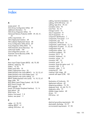 Page 105
 
Index 105 
A  
access panel   23 
ACU (Array Configuration Utility)   69 
additional information   75 
ADU (Array Diagnostic Utility)   73 
Advanced Memory Protection (AMP)   39, 40, 41, 
42 
airflow requirements   27 
Altiris Deployment Solution   68 
Altiris eXpress Deployment Server   68 
Array Configuration Utility (ACU)   69 
Array Diagnostic Utility (ADU)   73 
ASR (Automatic Server Recovery)   70 
authorized reseller   100 
auto-configuration process   67 
Automatic Server Recovery (ASR)   70...