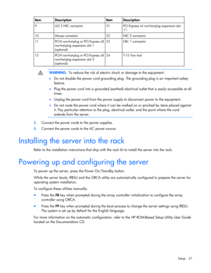 Page 31
 
Setup 31 
Item Description  Item Description 
9  iLO 2 NIC connector  21  PCI Express x4 non-hot-plug expansion slot  11 
10  Mouse connector  22  NIC 2 connector 
11  PCI-X non-hot-plug or PCI Express x8 non-hot-plug expansion slot 1 
(optional)  23  NIC 1 connector 
12  PCI-X non-hot-plug or PCI Express x8 
non-hot-plug expansion slot 2 
(optional)  24  T-15 Torx tool 
   
 
WARNING:
  To reduce the risk of electric shock or damage to the equipment: 
•   Do not disable the power cord grounding plug....