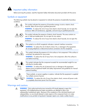 Page 76
 
Troubleshooting 76 
   Important safety information 
Before servicing this product, read the  Important Safety Information document provided with the server.  
Symbols on equipment 
The following symbols may be placed on equipment to  indicate the presence of potentially hazardous 
conditions. 
  
   This symbol indicates the presence of haza
rdous energy circuits or electric shock 
hazards. Refer all servicing to qualified personnel. 
WARNING:   To reduce the risk of injury from el ectric shock...