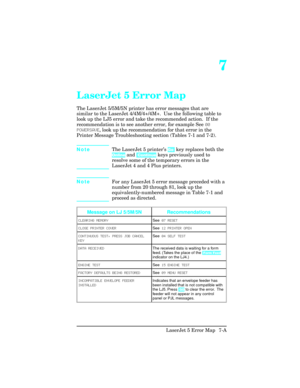 Page 2277
LaserJet 5 Error Map
The LaserJet 5/5M/5N printer has error messages that are
similar to the LaserJet 4/4M/4+/4M+.  Use the following table to
look up the LJ5 error and take the recommended action.  If the
recommendation is to see another error, for example See 00
POWERSAVE, look up the recommendation for that error in the
Printer Message Troubleshooting section (Tables 7-1 and 7-2).
NoteThe LaserJet 5 printer’s Go  key replaces both the
Online and  Continue keys previously used to
resolve some of the...