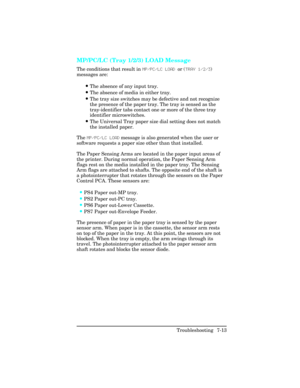 Page 243MP/PC/LC (Tray 1/2/3) LOAD Message    
The conditions that result in MP/PC/LC LOAD or (TRAY 1/2/3)
messages are: 
•The absence of any input tray.
•The absence of media in either tray.
•The tray size switches may be defective and not recognize
the presence of the paper tray. The tray is sensed as the
tray-identifier tabs contact one or more of the three tray
identifier microswitches. 
•The Universal Tray paper size dial setting does not match
the installed paper.
The MP/PC/LC LOAD message is also...